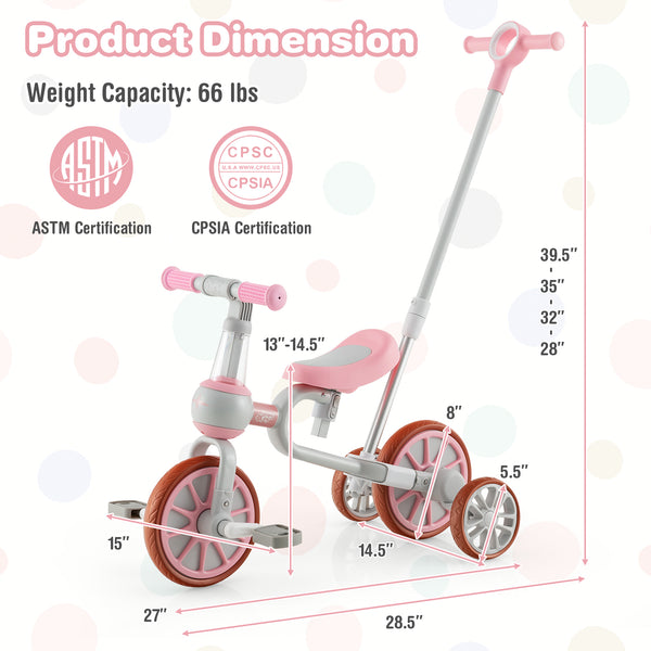 4-in-1 Kids Trike Bike with Adjustable Parent Push Handle and Seat Height