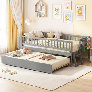 Kids Twin Size Bed with Trundle with Bookshelf and 2-Step Ladder 15 Plywood Slats for Girls and Boys