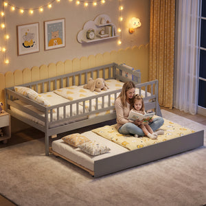 Kids Twin Size Bed with Trundle with Bookshelf and 2-Step Ladder 15 Plywood Slats for Girls and Boys