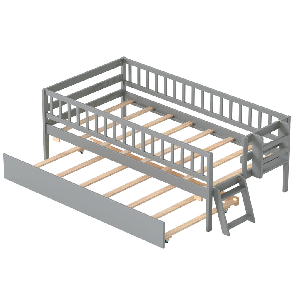 Kids Twin Size Bed with Trundle with Bookshelf and 2-Step Ladder 15 Plywood Slats for Girls and Boys
