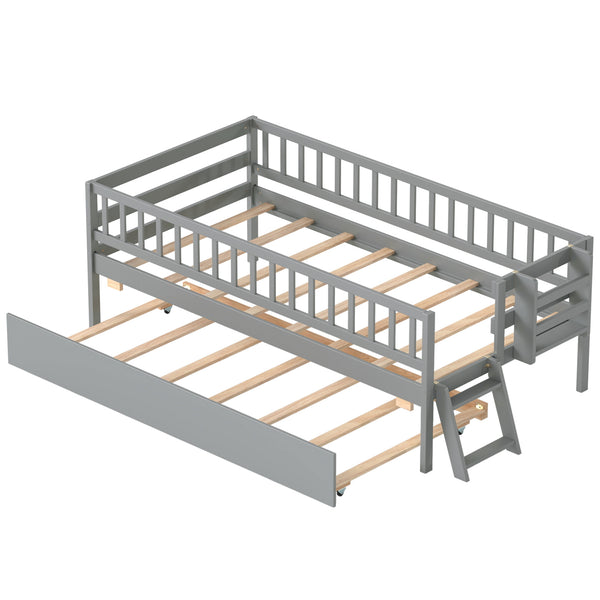 Kids Twin Size Bed with Trundle with Bookshelf and 2-Step Ladder 15 Plywood Slats for Girls and Boys