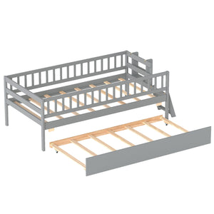 Kids Twin Size Bed with Trundle with Bookshelf and 2-Step Ladder 15 Plywood Slats for Girls and Boys