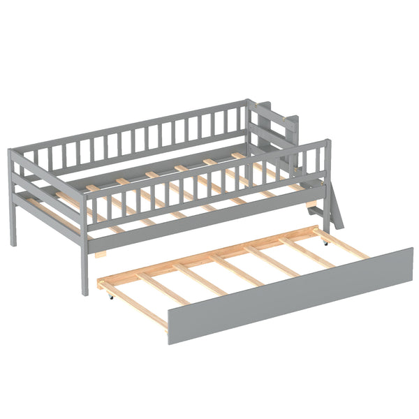 Kids Twin Size Bed with Trundle with Bookshelf and 2-Step Ladder 15 Plywood Slats for Girls and Boys