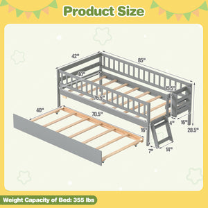 Kids Twin Size Bed with Trundle with Bookshelf and 2-Step Ladder 15 Plywood Slats for Girls and Boys