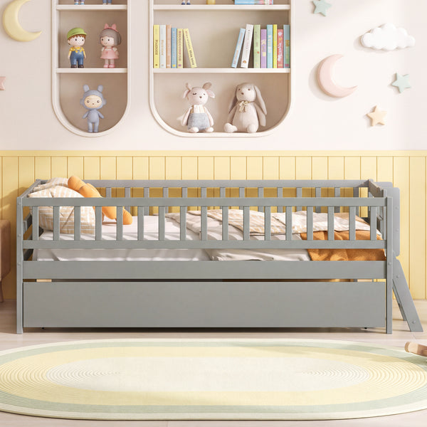 Kids Twin Size Bed with Trundle with Bookshelf and 2-Step Ladder 15 Plywood Slats for Girls and Boys