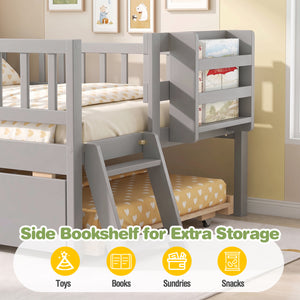 Kids Twin Size Bed with Trundle with Bookshelf and 2-Step Ladder 15 Plywood Slats for Girls and Boys