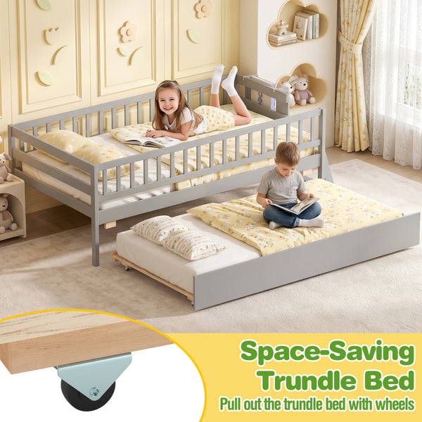 Kids Twin Size Bed with Trundle with Bookshelf and 2-Step Ladder 15 Plywood Slats for Girls and Boys