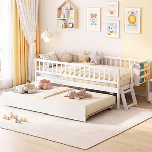 Kids Twin Size Bed with Trundle with Bookshelf and 2-Step Ladder 15 Plywood Slats for Girls and Boys