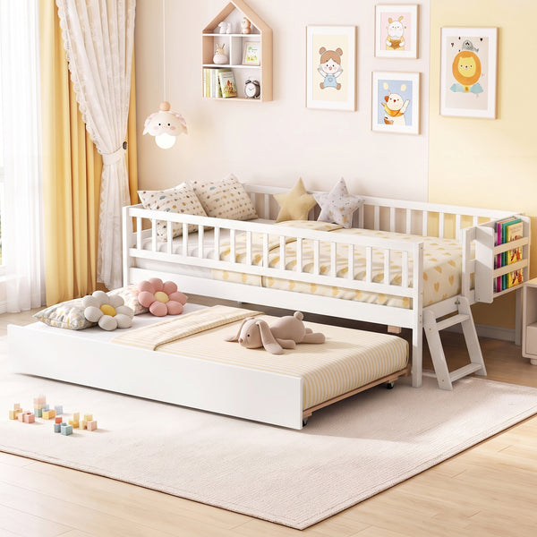 Kids Twin Size Bed with Trundle with Bookshelf and 2-Step Ladder 15 Plywood Slats for Girls and Boys