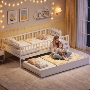 Kids Twin Size Bed with Trundle with Bookshelf and 2-Step Ladder 15 Plywood Slats for Girls and Boys