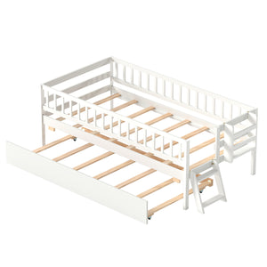 Kids Twin Size Bed with Trundle with Bookshelf and 2-Step Ladder 15 Plywood Slats for Girls and Boys