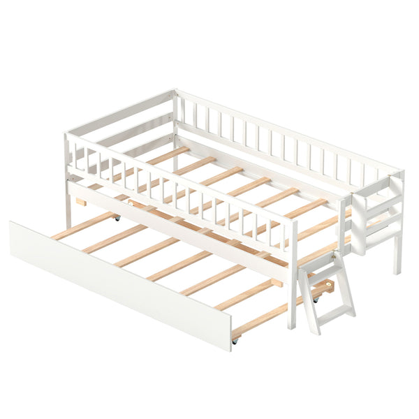 Kids Twin Size Bed with Trundle with Bookshelf and 2-Step Ladder 15 Plywood Slats for Girls and Boys