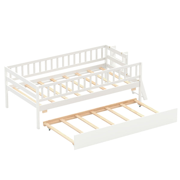 Kids Twin Size Bed with Trundle with Bookshelf and 2-Step Ladder 15 Plywood Slats for Girls and Boys
