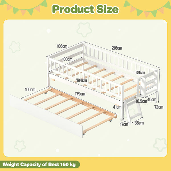 Kids Twin Size Bed with Trundle with Bookshelf and 2-Step Ladder 15 Plywood Slats for Girls and Boys