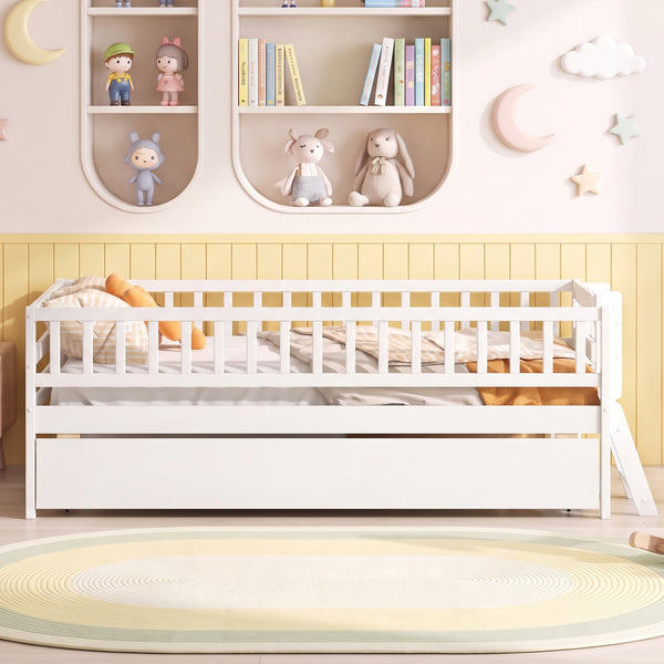Kids Twin Size Bed with Trundle with Bookshelf and 2-Step Ladder 15 Plywood Slats for Girls and Boys