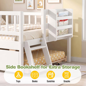 Kids Twin Size Bed with Trundle with Bookshelf and 2-Step Ladder 15 Plywood Slats for Girls and Boys