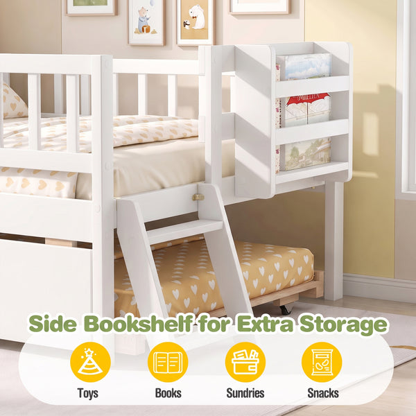 Kids Twin Size Bed with Trundle with Bookshelf and 2-Step Ladder 15 Plywood Slats for Girls and Boys