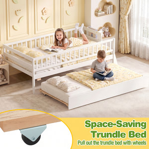 Kids Twin Size Bed with Trundle with Bookshelf and 2-Step Ladder 15 Plywood Slats for Girls and Boys