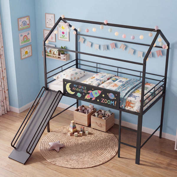 Kids Twin Size Loft Bed with Ladder and Slide for Bedroom