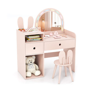 Kids Vanity Desk and Chair Set with Lights  Open Shelves-Pink
