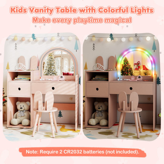 Kids Vanity Desk and Chair Set with Lights  Open Shelves-Pink