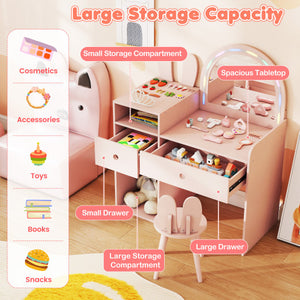 Kids Vanity Desk and Chair Set with Lights  Open Shelves-Pink