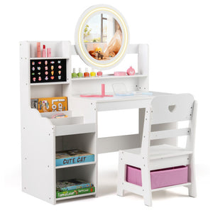 Kids vanity desk with mirror and lights for pretend play, white princess dressing table and chair set.