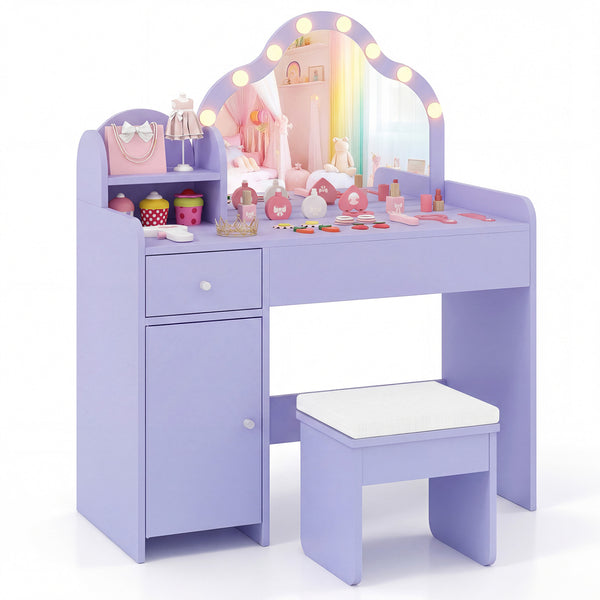 Kids Vanity Desk with Mirror and Lights Princess Pretend Play Dressing Table-Purple