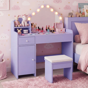 Kids Vanity Desk with Mirror and Lights Princess Pretend Play Dressing Table