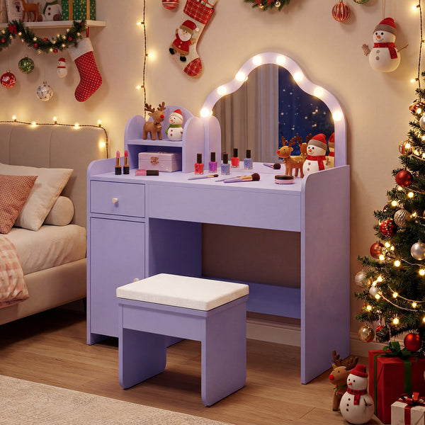 Kids Vanity Desk with Mirror and Lights Princess Pretend Play Dressing Table-Purple
