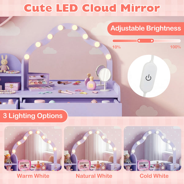 Kids Vanity Desk with Mirror and Lights Princess Pretend Play Dressing Table-Purple
