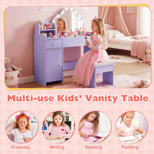 Kids Vanity Desk with Mirror and Lights Princess Pretend Play Dressing Table-Purple