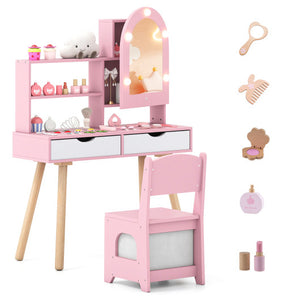 Kids vanity set in pink with adjustable lighting, mirror cabinet, and pretend play features, angle view 3.