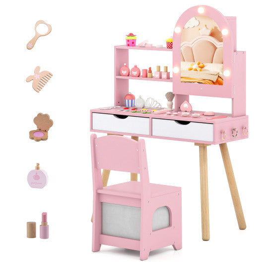 Kids vanity set in pink with adjustable lighting, mirror cabinet, and pretend play features - angle view 4.