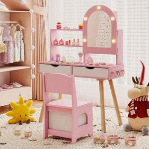 Kids vanity set in pink with adjustable lighting, mirror cabinet, and pretend play features, shown from angle 2.