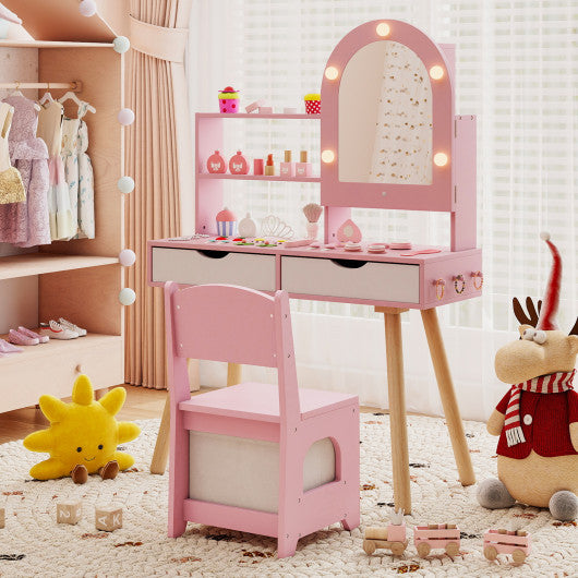 Kids vanity set in pink with adjustable lighting, mirror cabinet, and pretend play features, shown from angle 2.
