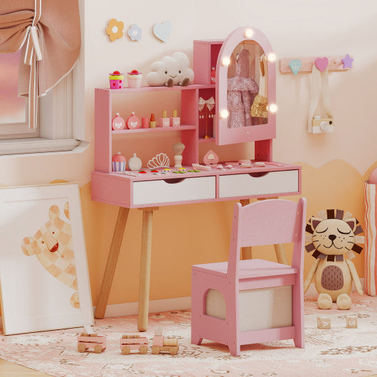 Kids vanity set in pink with adjustable lighting, mirror cabinet, and pretend play features for imaginative fun.