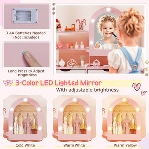Kids vanity set in pink with adjustable lighting, mirror cabinet, perfect for pretend play. Angle 7 view.