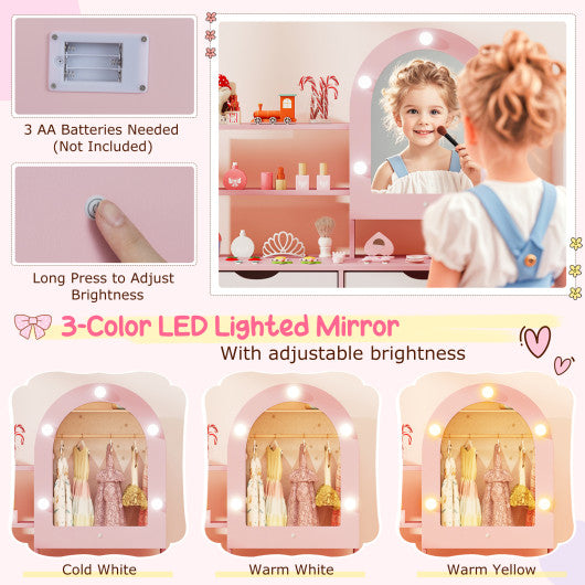 Kids vanity set in pink with adjustable lighting, mirror cabinet, perfect for pretend play. Angle 7 view.