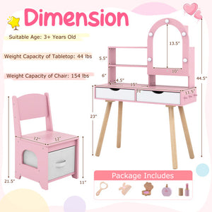 Kids vanity set in pink with adjustable lighting, mirror cabinet, and pretend play features, angle view 5.