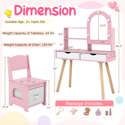 Kids vanity set in pink with adjustable lighting, mirror cabinet, and pretend play features, angle view 5.