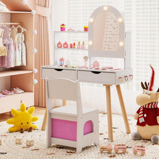 Kids Vanity Set Pretend Play Dressing Table Set with 3-Color Lighting Modes Adjustable Brightness and Mirror Cabinet-White