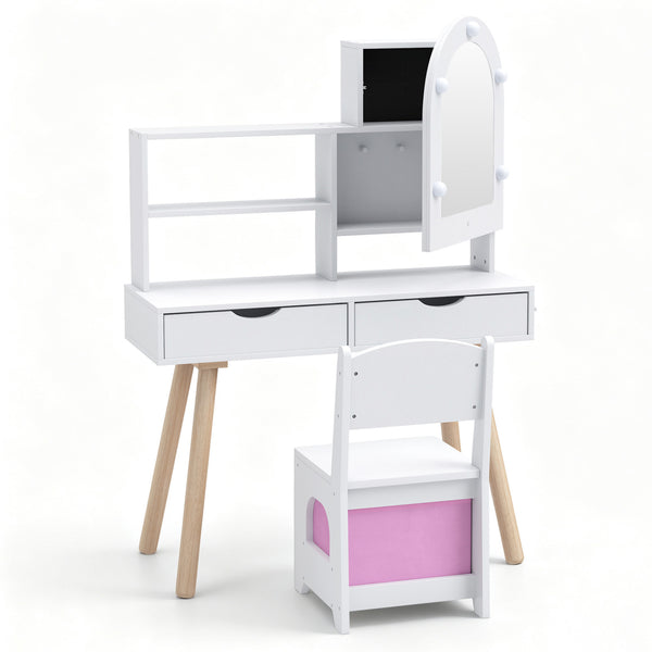 Kids Vanity Set Pretend Play Dressing Table Set with 3-Color Lighting Modes and Mirror Cabinet