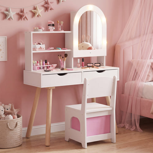 Kids Vanity Set Pretend Play Dressing Table Set with 3-Color Lighting Modes and Mirror Cabinet