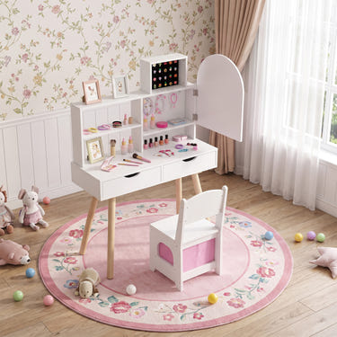 Kids Vanity Set Pretend Play Dressing Table Set with 3-Color Lighting Modes and Mirror Cabinet