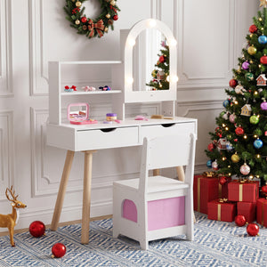 Kids Vanity Set Pretend Play Dressing Table Set with 3-Color Lighting Modes and Mirror Cabinet