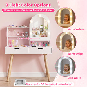 Kids Vanity Set Pretend Play Dressing Table Set with 3-Color Lighting Modes and Mirror Cabinet