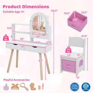 Kids Vanity Set Pretend Play Dressing Table Set with 3-Color Lighting Modes and Mirror Cabinet