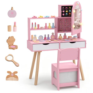 Kids Vanity Set Pretend Play Dressing Table Set with 3-Color Lighting Modes and Mirror Cabinet
