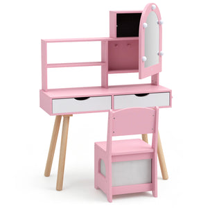 Kids Vanity Set Pretend Play Dressing Table Set with 3-Color Lighting Modes and Mirror Cabinet